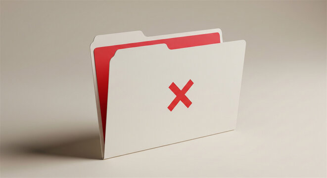 Minimalist white file folder with red cross mark, rejected document folder concept, data error and deleted file icon