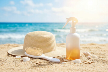 Obraz premium Hair care spray bottle sits on a sandy beach with a sun hat