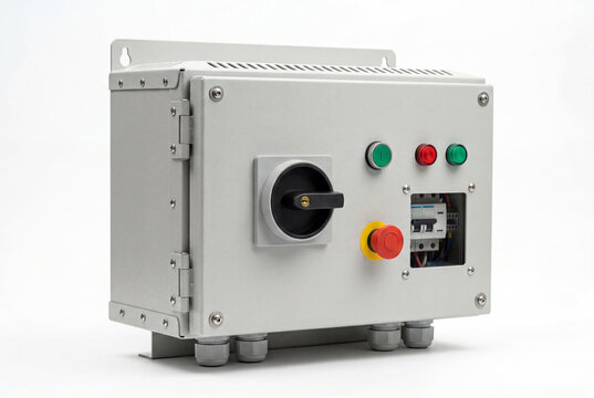 Grey industrial electrical switchgear unit with control buttons and switches