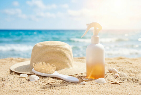 Hair care spray bottle sits on a sandy beach with a sun hat