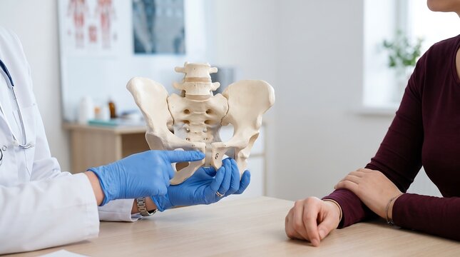Doctor explaining human pelvis anatomy to patient in clinic