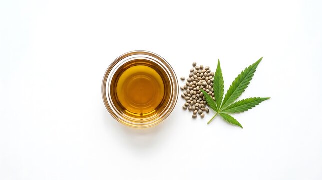 Cannabis oil with seeds and leaf on white background