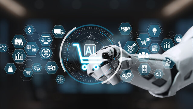 A close-up view of a robotic hand engaged with a digital shopping cart symbol, illustrating the integration of artificial intelligence in modern e-commerce technology. Synapse