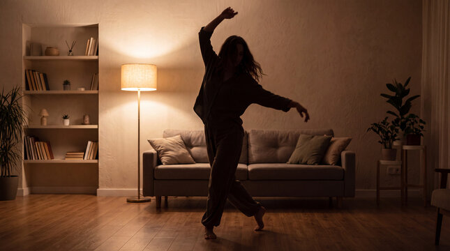 An elegant young woman enjoys dancing alone in a dim warm living room next to a comfortable grey sofa in the evening, carefree lifestyle concept, emotional mental health, happy mood.