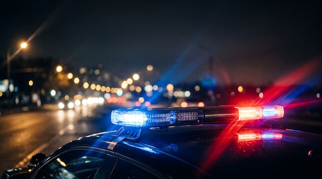 Flashing red and blue lights on police car at night