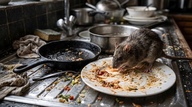 Rat eating food scraps from dirty kitchen plate