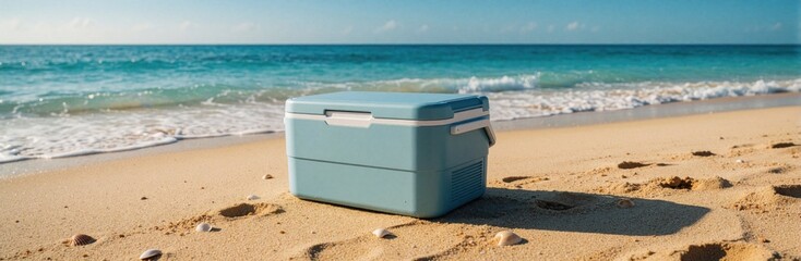 Fototapeta premium Light blue cooler sits on golden sand beach by ocean water. Modern portable ice chest rests at sunny tropical shore near foamy waves. Refreshing drinks container prepared for summer vacation