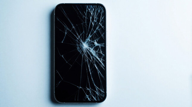 Broken smartphone screen with web of cracks on display. Black modern electronic mobile device lies on white background. Damaged cell glass surface needs repair after hard impact. Close up view of
