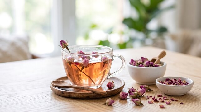 Glass cup of organic rose tea with dried rosebuds on table
