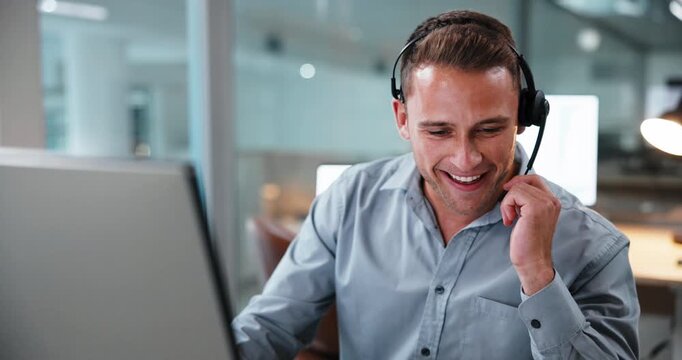 Headset, man and call center consultant in office with crm, help desk or voip system for advisory. Happy, technology and technical support agent with mic for customer service, contact us or talking.