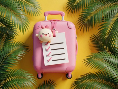 Pink suitcase with cute character, paper checklist on yellow background surrounded by green palm leaves. Travel luggage for summer vacation packing preparation. Tropical holiday trip planning