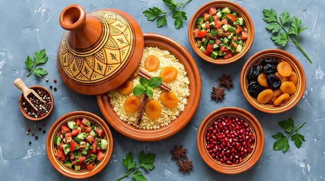 A traditional Moroccan tagine feast served on a rustic slate surface with fresh garnishes.