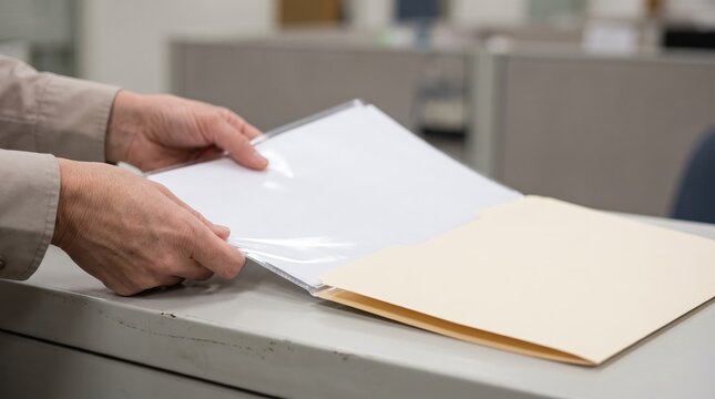 Hands organizing documents in a folder on a work surface