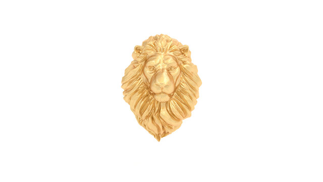 Gold Lion Bust Statue Polished Detailed Mane Isolated Front View 3D Illustration
