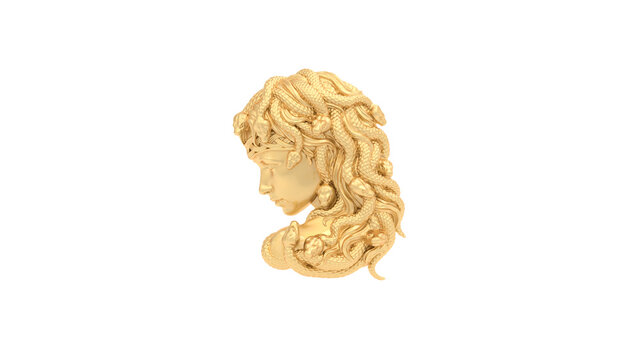 Gold Medusa Bust Snake Hair Gorgon Profile Isolated 3D Illustration