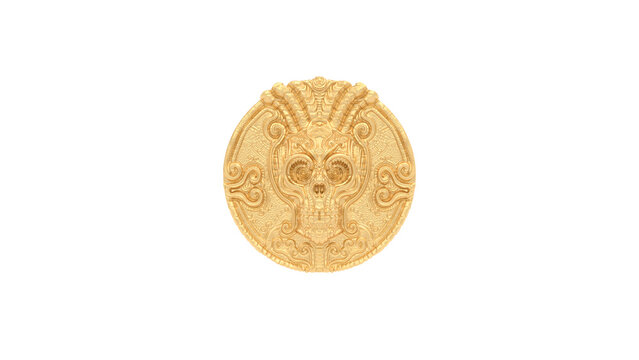 Gold Skull Coin Ornate Medallion Polished Detailed Isolated 3D Illustration