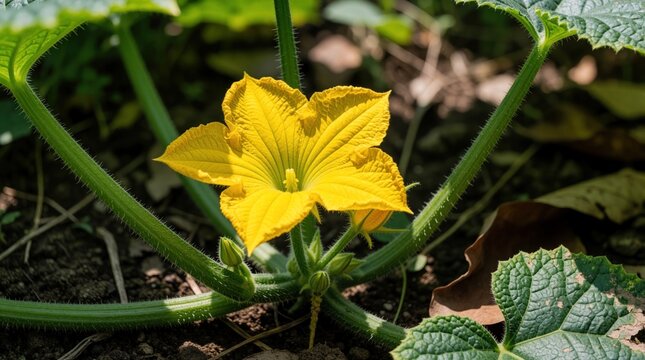 Yellow squash blossom unfurls its vibrant petals in garden sunlight. Fuzzy green stem supports delicate flower and small buds. Healthy plant grows in rich soil, ready for pollination.