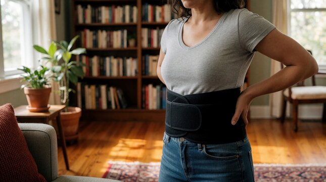 Woman wears black lumbar support belt at home to ease lower back pain. Female person suffers from spine injury muscle ache. Patient uses orthopedic brace for posture correction recovery. Adult lady