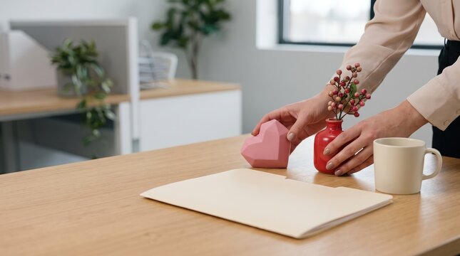 Modern office desk with pink paperweight and red vase with dried floral stems