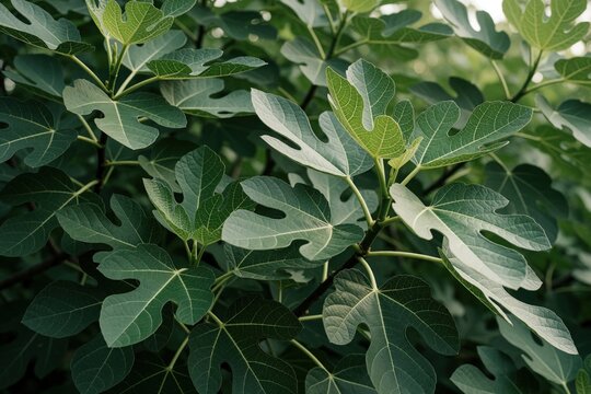 Green fig tree leaves background closeup view. Fresh botanical ficus carica foliage grows in sun. Natural summer plant texture pattern organic garden growth. Beautiful bright herbal outdoor wild