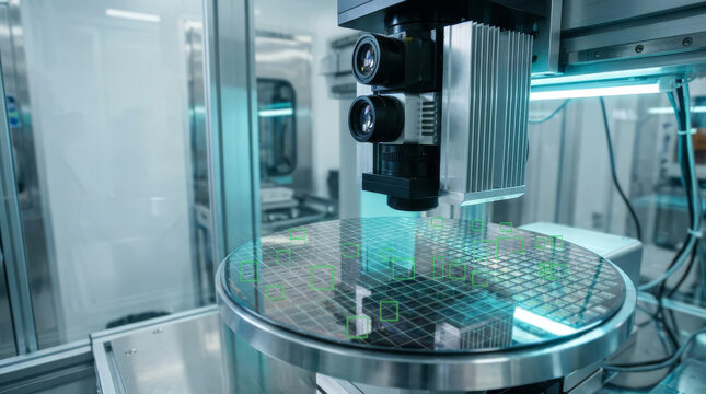 Machine vision inspection system scanning semiconductor wafer in advanced manufacturing facility