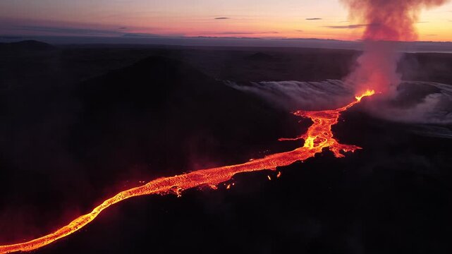 Aerial view of the glowing lava flow from the Litli-Hrutur volcanic eruption at sunset in Grindavik, Grindavikurbaer, Iceland.