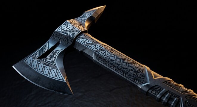 3D render of a tactical tomahawk axe featuring low poly geometry and intricate traditional batik engraving on a dark background