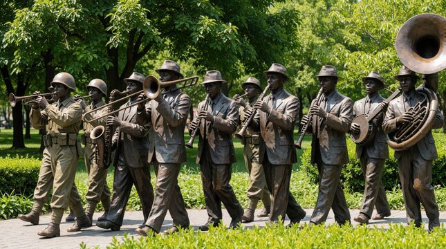 Bronze sculpture of marching brass band musicians in city park. Metal statues of soldiers in uniform playing trumpet trombone saxophone clarinet, tuba during parade. Artistic outdoor memorial