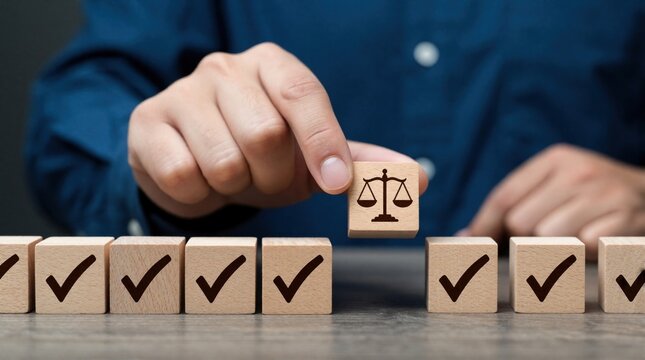Hand places wooden block with balance scale icon near checkmarks. Person chooses correct moral path during business compliance check. Evaluation process ensures ethical standards, integrity. Decision