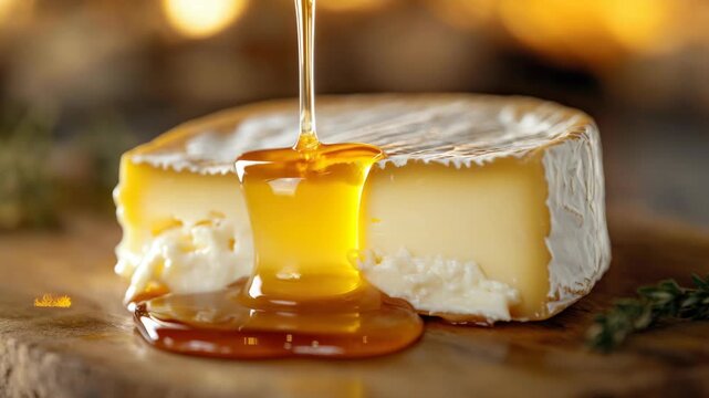 Close-up of a wedge of cheese drizzled with honey, on a wooden surface.