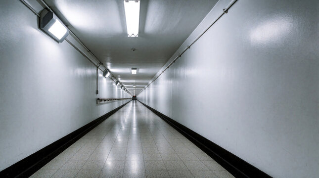Empty white long hallway with bright artificial lights in modern building. Sterile corridor perspective view with tiled floor, clean walls. Underground transit passage leads to vanishing point.