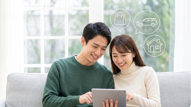 A happy japanese couple sitting on a sofa at home and looking at a tablet together, thinking about shopping, buying a car, and a new house