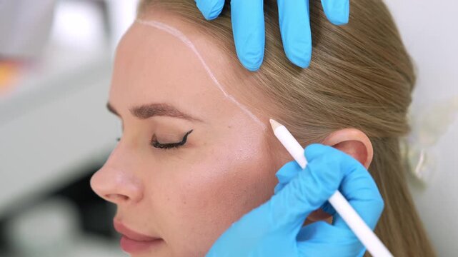 Surgeon drawing a new hairline on a female patient forehead before a hair transplant operation 4k video. Preoperative markup for hair restoration surgery