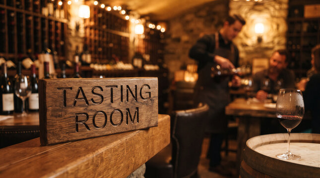 A rustic wooden sign reading tasting room in a dimly lit, atmospheric winery cellar with a server pouring wine for guests in the background