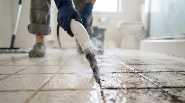 Professional cleaner using a steam cleaner to deep clean dirty tile grout in a bathroom floor, close up on the steam nozzle
