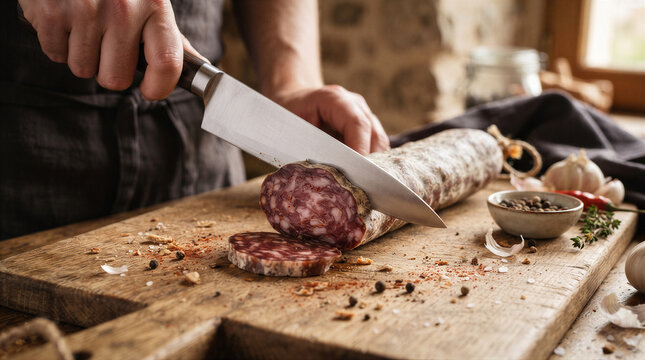 Closeup of a person slicing a traditional drycured salami on a rustic wooden cutting board with spices and garlic in the background