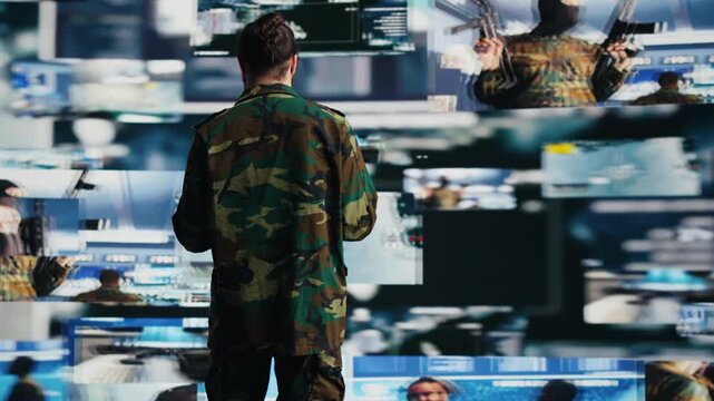 Armed forces officer studies drone and satellite imagery to gather intelligence for war planning, mission control, cyber defense and secure international operations.