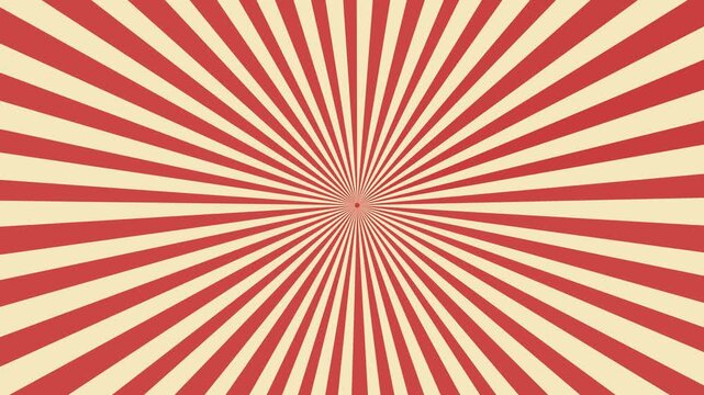 Red and cream sunburst pattern featuring radial stripes emanating from a central point. Useful for retro graphic design, vintage style posters, and geometric layouts.