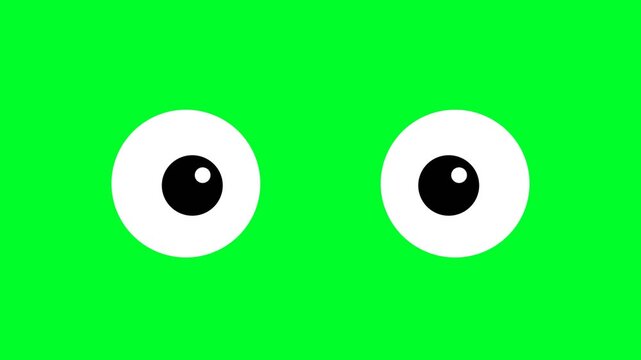 motion A stylized cartoon eye with a white sclera and a black pupil, set against a bright green background. Suitable for character design and animation projects.