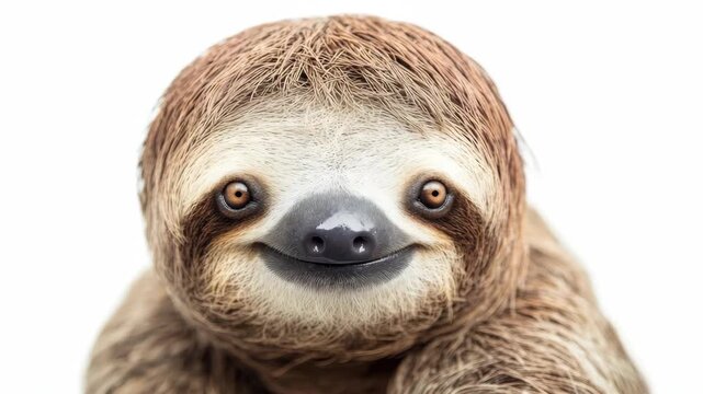 Sloth has long eyelashes and a contented expression as it gazes directly into the lens.