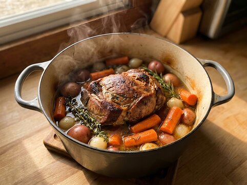 A delicious roast beef pot roast with carrots potatoes and fresh herbs cooking in a rustic metal pot. pork shoulder recipe
