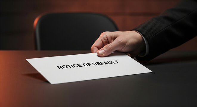 Notice of default letter served by hand, businessman delivering foreclosure document on office desk, legal eviction and financial crisis concept