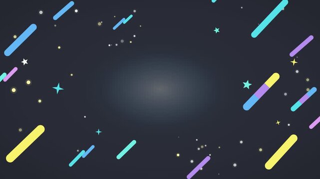 Scattered colorful rounded rectangles, stylized stars, and small dots arranged on a dark grey surface. Suitable for festive, celebration, and party motion graphic.