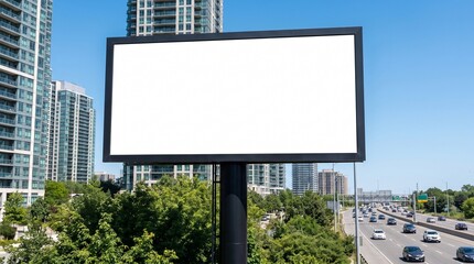 Fototapeta premium Blank billboard mockup in urban city landscape with highway traffic and skyscraper background for outdoor advertising