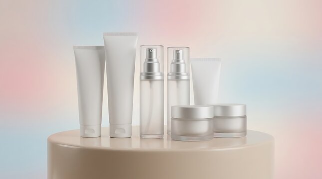 Set of cosmetic skincare bottles and tubes for beauty products on a round podium against pastel background. Skincare bundle