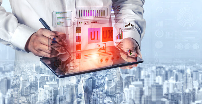 Professional holding tablet device with user interface design graphics and data analysis charts against a modern city skyline background Quark.