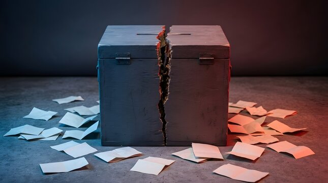 Cracked wooden ballot box with scattered paper votes