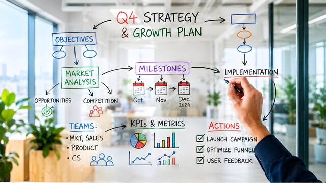 Hand drawing a business growth plan diagram on a transparent glass board. Concept of corporate workflow management and financial milestone targeting.