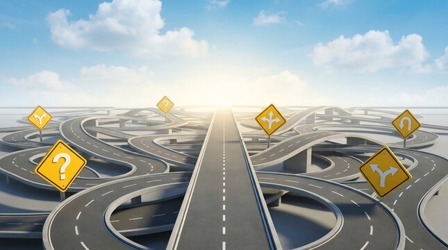 Complex highway interchange with multiple road signs representing difficult decision making and career path choices.