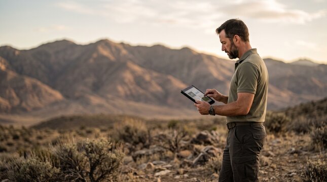 Man in desert landscape using tablet for navigation or data collection with mountains in background